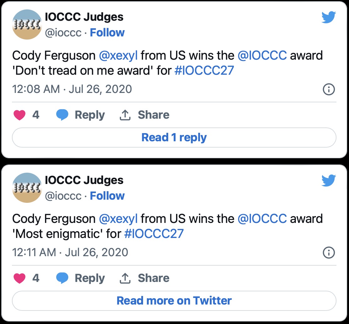 tweets announcing my 2020 IOCCC winning entries