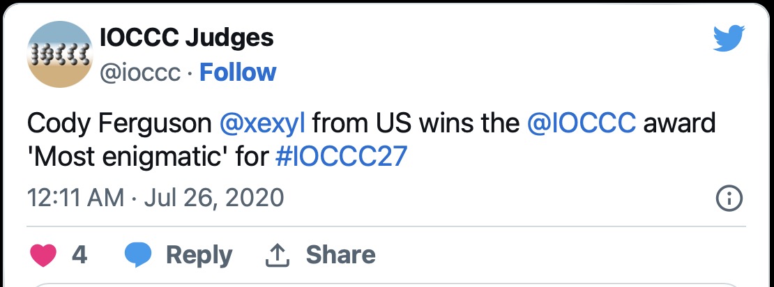 tweet announcing my "Most enigmatic" 2020 IOCCC winning entry